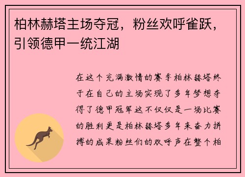 柏林赫塔主场夺冠，粉丝欢呼雀跃，引领德甲一统江湖