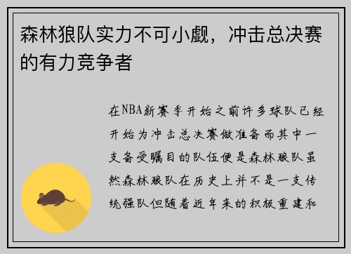 森林狼队实力不可小觑，冲击总决赛的有力竞争者
