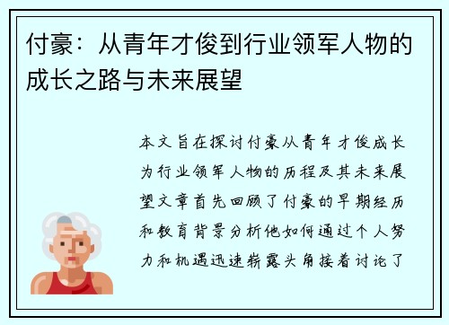 付豪：从青年才俊到行业领军人物的成长之路与未来展望